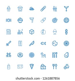 Editable 36 eat icons for web and mobile. Set of eat included icons line Bowl, Cutlery, Cheese, Pizza slice, Feeding bottle, Meat, Fish, Baozi, Donut, Crab on white background