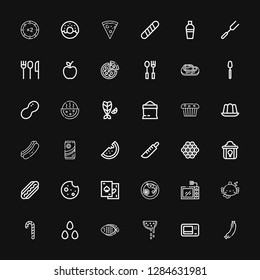 Editable 36 eat icons for web and mobile. Set of eat included icons line Sausage, Microwave, Watermelon, Fish, Candies, Candy cane, Prawn, Chips, Cookie, Hot dog on black background