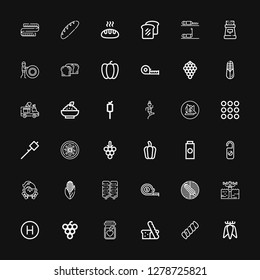 Editable 36 eating icons for web and mobile. Set of eating included icons line Tuber, Marshmallow, Bread, Nutrition, Grape, Hotel, Fitness, Corn, Measuring tape on black background