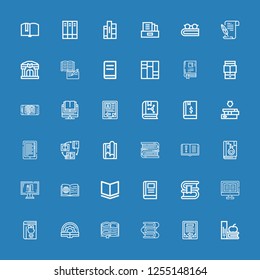 Editable 36 e-book icons for web and mobile. Set of e-book included icons line Books, Ebook, Book, Online education, Magazine, Ereader, Library, Literature on blue background