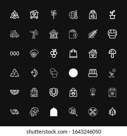 Editable 36 eco icons for web and mobile. Set of eco included icons line Leaf, Vegan food, Green earth, Plant, Mushroom, Electric car, Shopping bag, Flower on black background