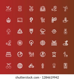 Editable 36 ecology icons for web and mobile. Set of ecology included icons line Plant, Flower, Grow, Eco car, Global, Cherry, Gardener, No liquids, Earth, Eco, Energy on red
