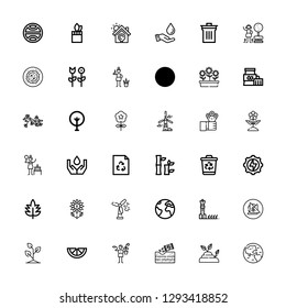 Editable 36 ecology icons for web and mobile. Set of ecology included icons line Earth, Sprout, Gardening, Gardener, Lemon, Vegan food, Solar panel, Wind turbine on white background
