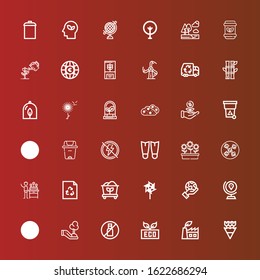 Editable 36 ecology icons for web and mobile. Set of ecology included icons line Flowers, Green power, Eco, No liquids, Tree, Ecology, Globe, Planet earth, Windmill, Coal on red