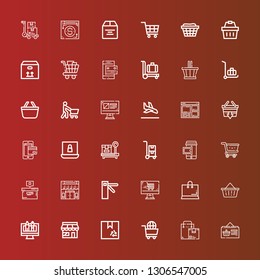 Editable 36 e-commerce icons for web and mobile. Set of e-commerce included icons line Online shop, Box, Shopping cart, Market, Web design, Basket, Shopping, Access, Cart on red