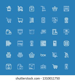 Editable 36 e-commerce icons for web and mobile. Set of e-commerce included icons line Online shopping, Shopping cart, Online shop, Box, Delivery cart, Trolley on blue background
