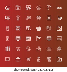 Editable 36 e-commerce icons for web and mobile. Set of e-commerce included icons line Boxes, Online shop, Box, Shopping cart, Shopping basket, Basket, Online store, Cart on red