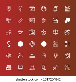 Editable 36 electric icons for web and mobile. Set of electric included icons line Usb cable, Mandolin, Lamp, Scooter, Dishwasher, Drum, Washing machine, Bulb, Chimney on red