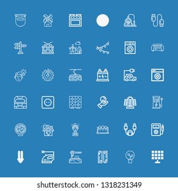 Editable 36 electric icons for web and mobile. Set of electric included icons line Solar panel, Idea, Battery, Heater, Iron, Lightbulb, Voltmeter, Cable, Drums on blue background