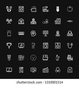 Editable 36 electrical icons for web and mobile. Set of electrical included icons line Brainstorm, Idea, Radio, Tv, Washing machine, Television, Machine, Toaster on black background