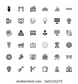 Editable 36 electrical icons for web and mobile. Set of electrical included icons line Idea, Engineer, Kettle, Switch, Electric guitar, Coffee machine, Electric tower on white background