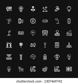 Editable 36 electricity icons for web and mobile. Set of electricity included icons line Power, Electric car, Solar panel, Gas, Idea, Bulb, Mining, Thinking on black background