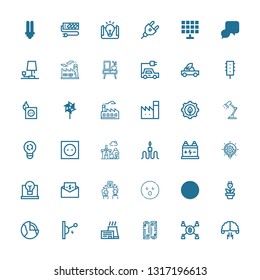 Editable 36 electricity icons for web and mobile. Set of electricity included icons line Brainstorming, Mining, Battery, Factory, Switch, Geothermal, Plug on white background