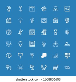 Editable 36 electricity icons for web and mobile. Set of electricity included icons line Electric car, Electric, Cable, Light, Shocked, Jack connector, Solar panel on blue background