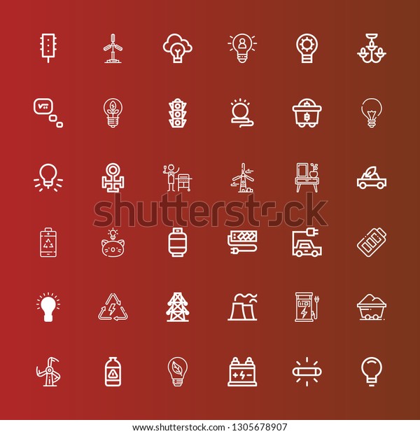 Editable 36 electricity icons for web and mobile. Set\
of electricity included icons line Idea, Flash, Battery, Bulb, Gas,\
Windmill, Coal, Charger, Nuclear plant, Electric tower on\
red