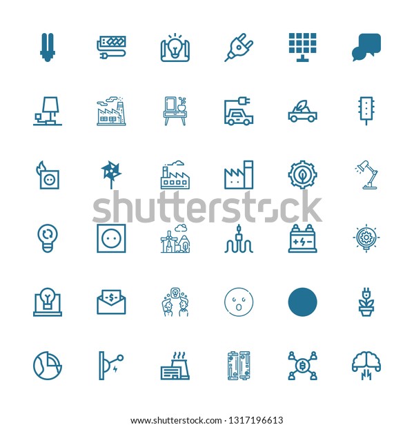 Editable 36\
electricity icons for web and mobile. Set of electricity included\
icons line Brainstorming, Mining, Battery, Factory, Switch,\
Geothermal, Plug on white\
background