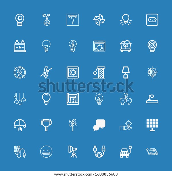 Editable\
36 electricity icons for web and mobile. Set of electricity\
included icons line Electric car, Electric, Cable, Light, Shocked,\
Jack connector, Solar panel on blue\
background