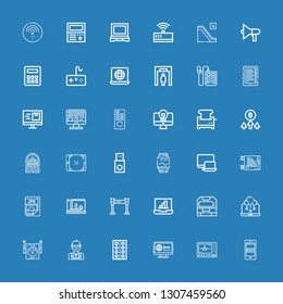 Editable 36 electronic icons for web and mobile. Set of electronic included icons line Payment method, Monitor, Monitoring, Tablet, Engineer, Wifi, Laptop, Machine on blue background