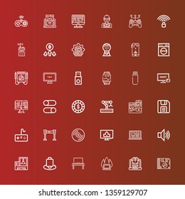 Editable 36 electronic icons for web and mobile. Set of electronic included icons line Floppy disk, Laptop, Smartwatch, Machine, Speaker, Computer, Record, Metal detector on red