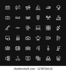 Editable 36 electronics icons for web and mobile. Set of electronics included icons line Printer, Photo, Television, Game, Handheld, Satellite dish, Controller on black background