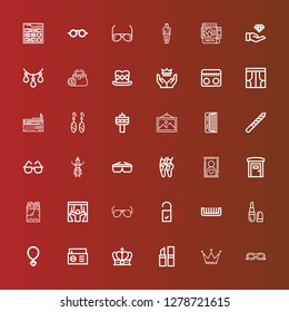 Editable 36 elegance icons for web and mobile. Set of elegance included icons line Sunglasses, Crown, Lipstick, Radio, Necklace, Comb, Doorknob, Curtains, Ice bucket, Portable toilets on red