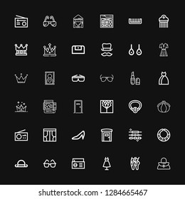 Editable 36 elegance icons for web and mobile. Set of elegance included icons line Handbag, Ballet, Fashion, Radio, Sunglasses, Bowler, Necklace, Jewelry, Portable toilets on black background