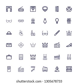 Editable 36 elegance icons for web and mobile. Set of elegance included icons line Curtains, Dress, Radio, Tie, Door, Earrings, Crown, Frame, Purse, Heels on white background