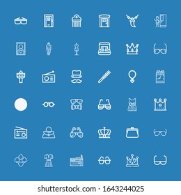 Editable 36 elegance icons for web and mobile. Set of elegance included icons line Sun glasses, Crown, Sunglasses, Radio, Fashion, Suit, Purse, Handbag, Dress on blue background