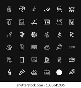 Editable 36 elegant icons for web and mobile. Set of elegant included icons line Rainbow, Lantern, Train, Pearl, Certification, Carpet, Certificate, Bow tie on black background