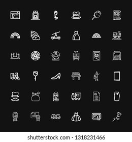 Editable 36 elegant icons for web and mobile. Set of elegant included icons line Rose, Certificate, Dress, Train, Skirt, Curriculum vitae, Gothic, Purse, Top hat on black background