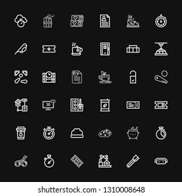 Editable 36 elements icons for web and mobile. Set of elements included icons line Sofa, Tongs, d, Ticket, Chronometer, Bird, Cauldron, Bush, Tea, Eco fuel on black background