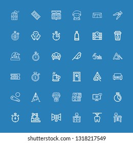 Editable 36 elements icons for web and mobile. Set of elements included icons line Nightstand, d, Stop watch, Chronometer, Ticket, Caveman, Cauldron, Pinball on blue background