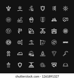 Editable 36 emblem icons for web and mobile. Set of emblem included icons line Turtle, Fish, Follow, d, Shield, Shower, Sickle, Pizza, Rocket, Protection, Beret on black background