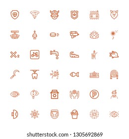Editable 36 emblem icons for web and mobile. Set of emblem included icons line Eye, Fish, Boxing, Wheel, Hipster, Parking, Spiritual, Jam, Hotel key, Water hose on white background