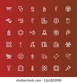 Editable 36 emergency icons for web and mobile. Set of emergency included icons line Crutch, Lifesaver, Plaster, Lifeguard, Hospital, Flashlight, Stethoscope, Stretcher on red
