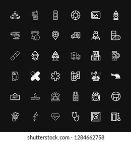 Editable 36 emergency icons for web and mobile. Set of emergency included icons line Exit, Helipad, Stethoscope, Cardiogram, Breathing, Blood transfusion, Medicine on black background