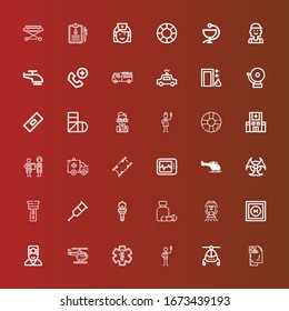 Editable 36 emergency icons for web and mobile. Set of emergency included icons line Health, Helicopter, Nurse, Pharmacy, Doctor, Helipad, Sprinkler, Medicine, Torch, Crutch on red