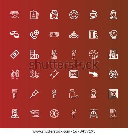 Editable 36 emergency icons for web and mobile. Set of emergency included icons line Health, Helicopter, Nurse, Pharmacy, Doctor, Helipad, Sprinkler, Medicine, Torch, Crutch on red
