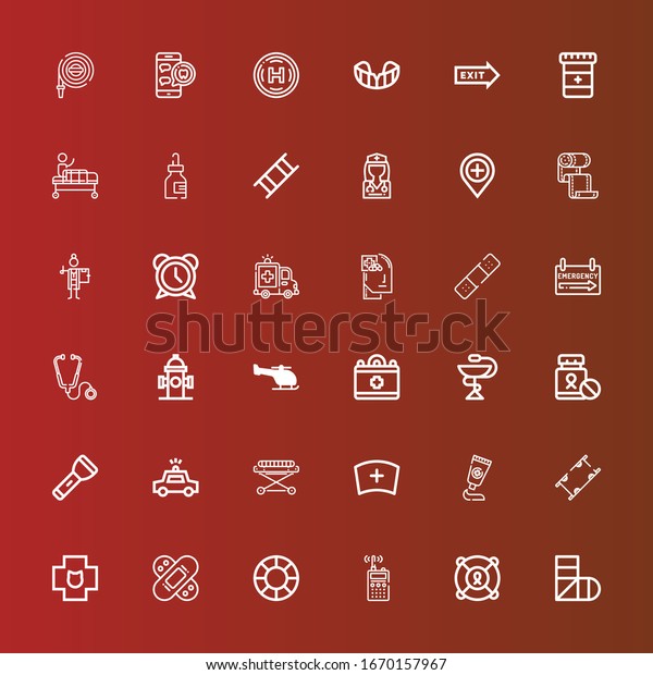Editable 36\
emergency icons for web and mobile. Set of emergency included icons\
line Sling, Lifesaver, Walkie talkie, Bandage, Veterinary,\
Stretcher, Medicine, Nurse, Police car on\
red