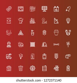 Editable 36 energy icons for web and mobile. Set of energy included icons line Battery, Sugar cane, Barrel, Green energy, Garbage, Heater, Flashlight, Water heater, Beer keg on red