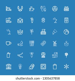 Editable 36 energy icons for web and mobile. Set of energy included icons line Positive ion, Garbage, Dimmer, Greenhouse, Light, Fireplace, Windmill, Voltmeter on blue background