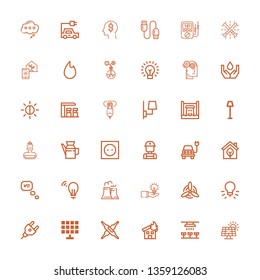 Editable 36 energy icons for web and mobile. Set of energy included icons line Solar panel, Light, Fire, Calcium, Plug, Idea, Windmill, Nuclear plant, Thinking on white background