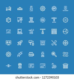 Editable 36 engine icons for web and mobile. Set of engine included icons line Garage, Setting, Settings, Market, Wheel, Virus search, Mechanic, Engine, Railway on blue background