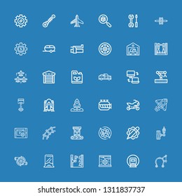 Editable 36 engine icons for web and mobile. Set of engine included icons line Brake, Railway, System, Robot arm, Setup, Engine, Suspension, Settings, Rocket on blue background