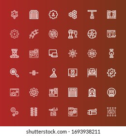 Editable 36 engine icons for web and mobile. Set of engine included icons line Sitemap, Brake, Settings, Plane, Railway, Gear, Rocket ship, Garage, Robot arm, Cogwheel on red