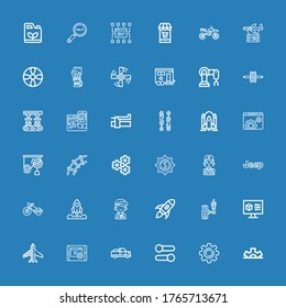 Editable 36 engine icons for web and mobile. Set of engine included icons line Cogwheel, Gear, Settings, Pick up, Planes, Suspension, Rocket launch, Mechanic on blue background