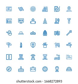 Editable 36 engineering icons for web and mobile. Set of engineering included icons line Cogwheel, Machine, Toolbox, Crane, Set square, Factory, Lift, Electric tower on white background