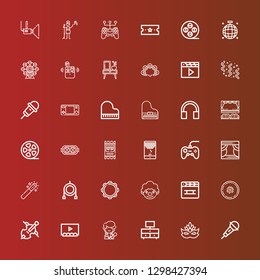 Editable 36 entertainment icons for web and mobile. Set of entertainment included icons line Microphone, Mask, Television, Singer, Theater, Cello, Cymbal, Clapperboard on red