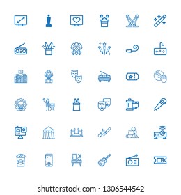 Editable 36 entertainment icons for web and mobile. Set of entertainment included icons line Ticket, Radio, Guitar, Night stand, Game, Popcorn, Projector, Blocks on white background