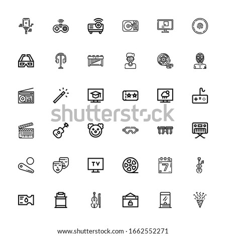 Editable 36 entertainment icons for web and mobile. Set of entertainment included icons line Confetti, Ticket window, Event, Violin, Paint bucket, Ticket, Events on white background
